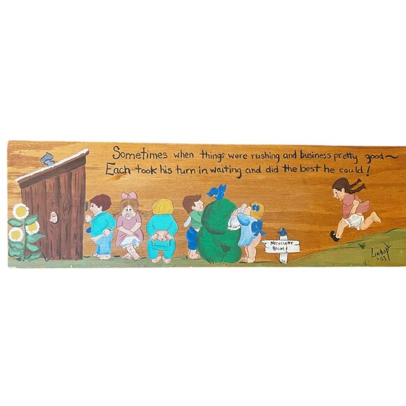 Signed LindaP Funny Vintage Wooden Sign With Hand-Painted Outhouse Scene - Picture 1 of 5